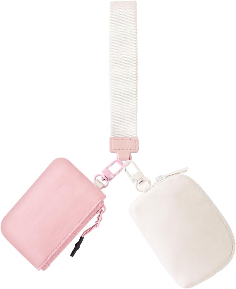 JEEBURYEE Dual Pouch Wristlet Keychain Wallets for Women with 2 Detachable Zipper Coin Purse - Small and Portable Mini Card Wallet for Women Men Pink+Ivory - Image 1